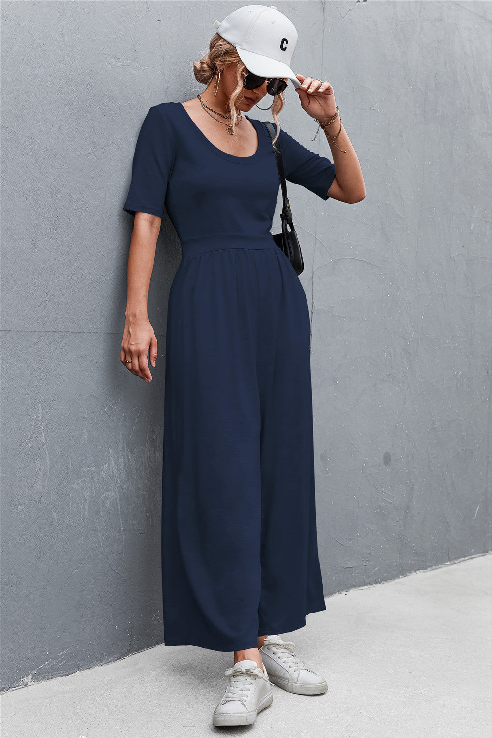 Women's Scoop Neck Half Sleeve Wide Leg Jumpsuit