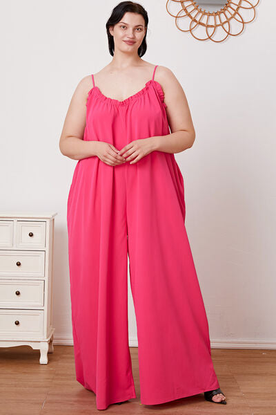 Double Take Full Size Ruffle Trim Tie Back Cami Jumpsuit with Pockets *