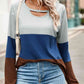 Color Block Cutout Round Neck Long Sleeve T-Shirt