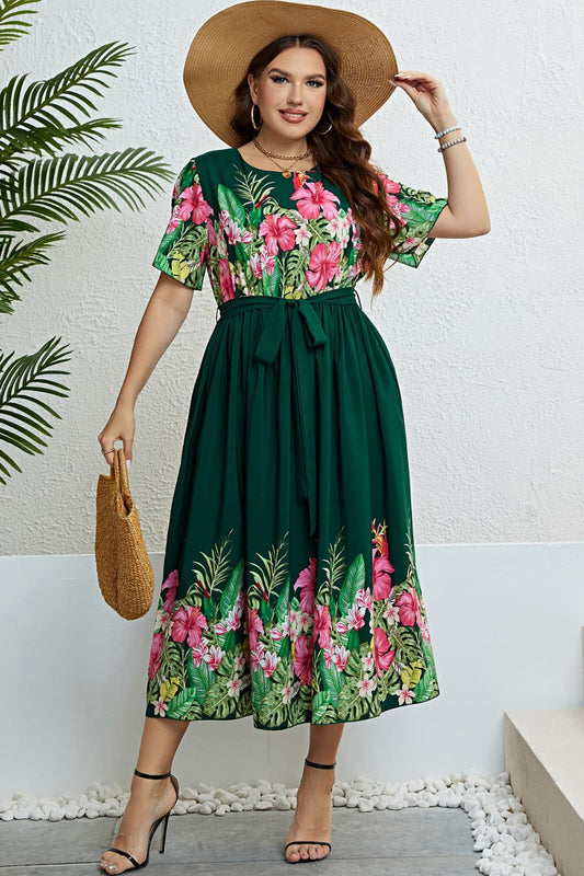 Plus Size Floral Tie-Waist Round Neck Dress