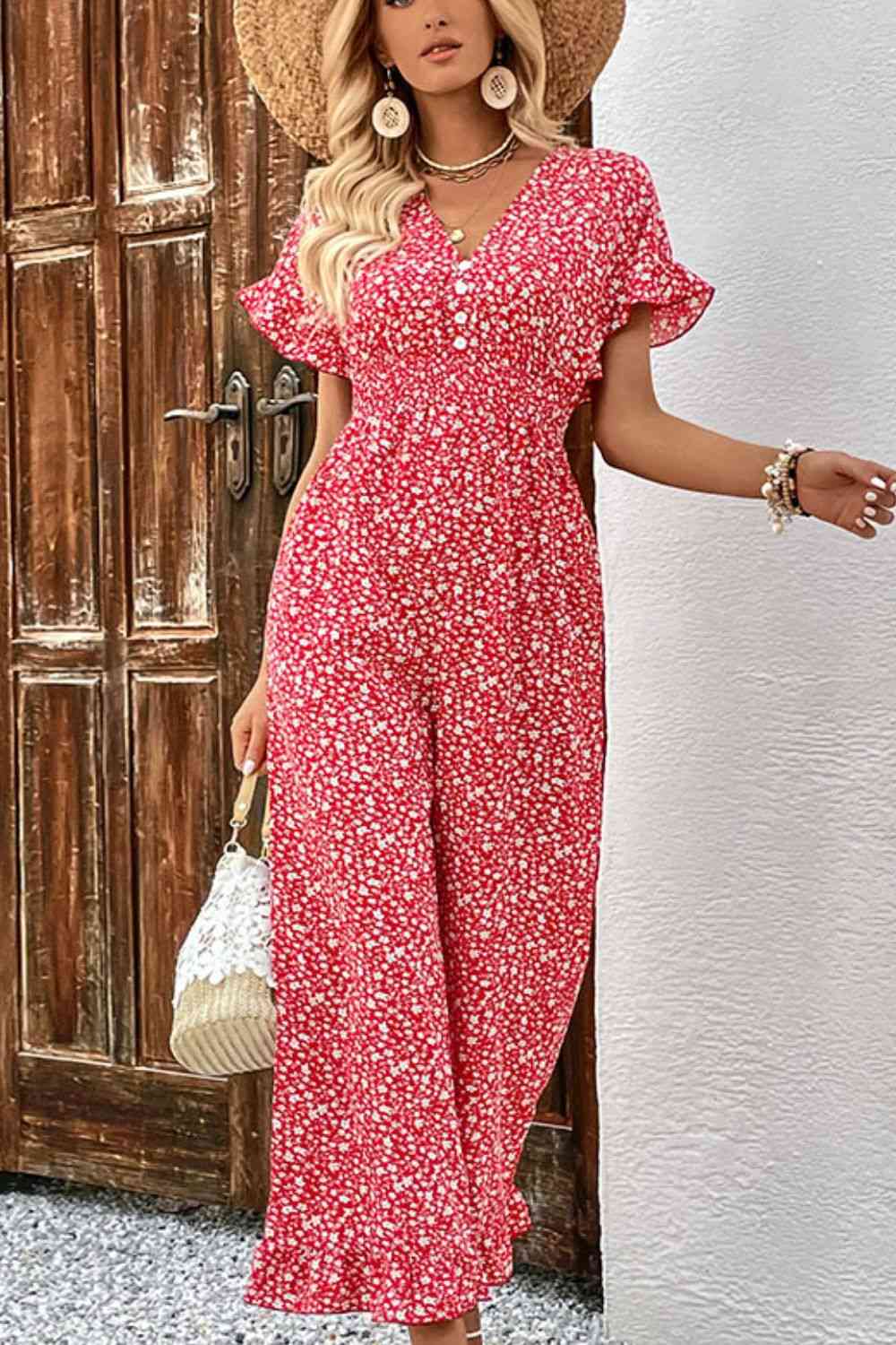 Floral Printed Tie Back Ruffled Jumpsuit