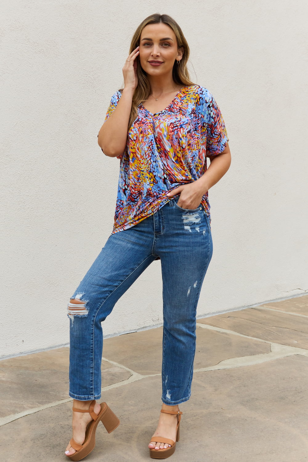 Be Stage Full Size Printed Dolman Flowy Top *