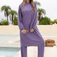 Cap, Drawstring Mock Neck Long Sleeve Top and Pants Swim Set