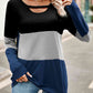 Color Block Cutout Round Neck Long Sleeve T-Shirt