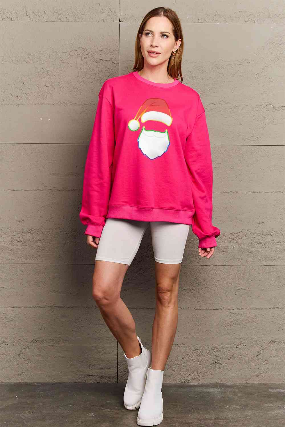 Simply Love Full Size Rainbow Christmas Santa Graphic Round Neck Sweatshirt