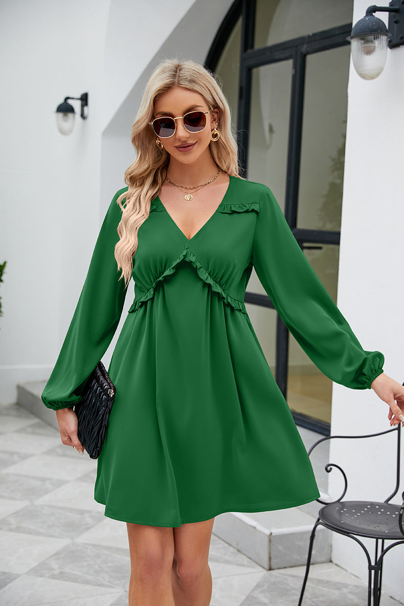 SO YOU Full Size Frill Trim V-Neck Long Sleeve Dress