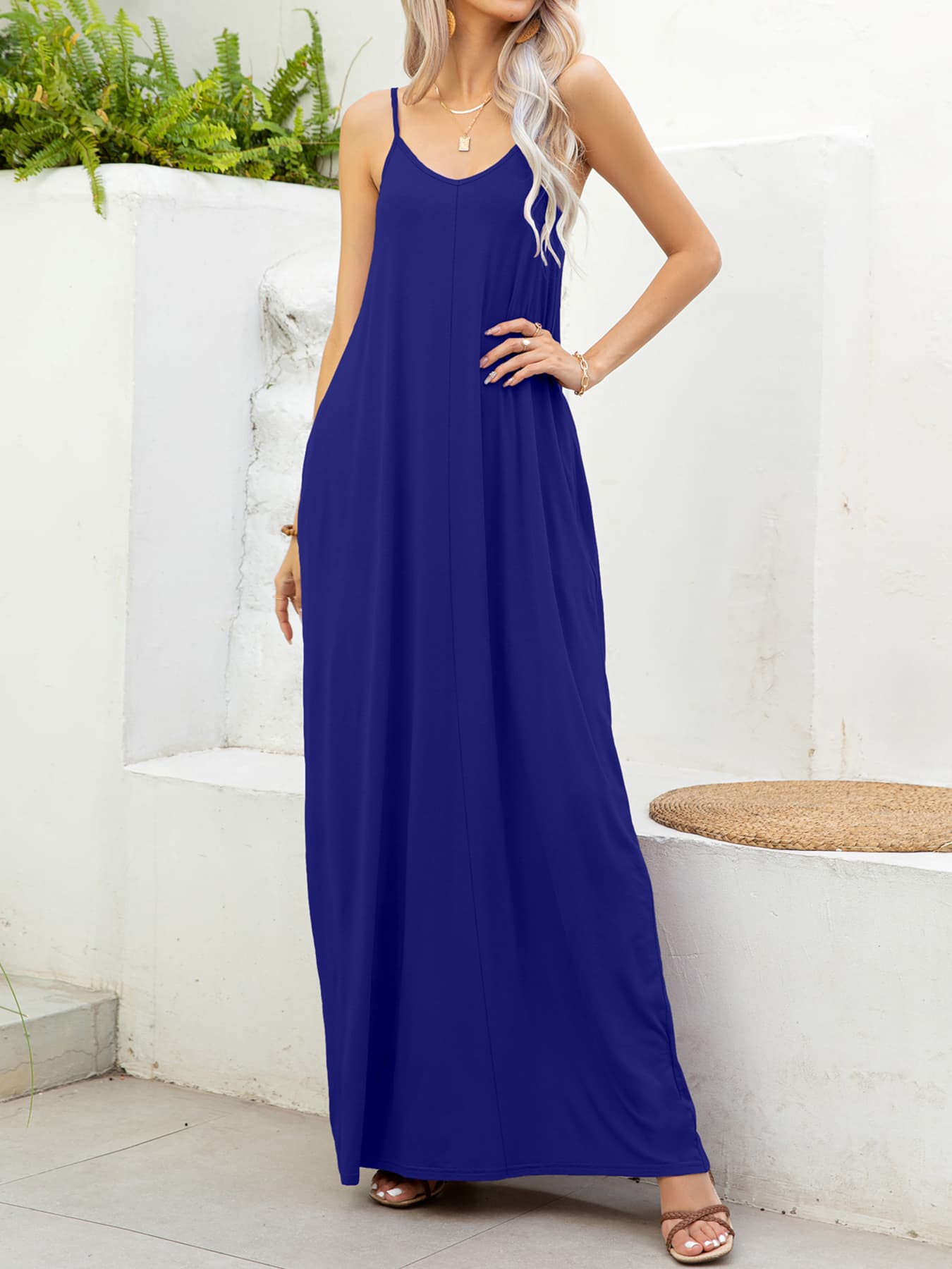 OCEANSIDE Spaghetti Strap V-Neck Maxi Dress with Pockets