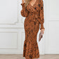 Full Size Printed V-Neck Smocked Midi Dress