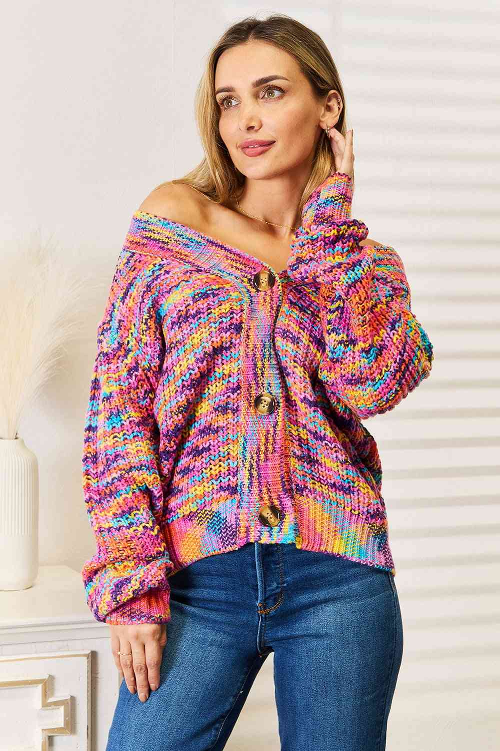 Woven Right V-Neck Long Sleeve Cardigan *