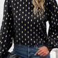 Geometric Print Frill Neck Lantern Sleeve Black Blouse