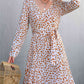 Printed V-Neck Tie Belt Ruffle Hem Mini Dress
