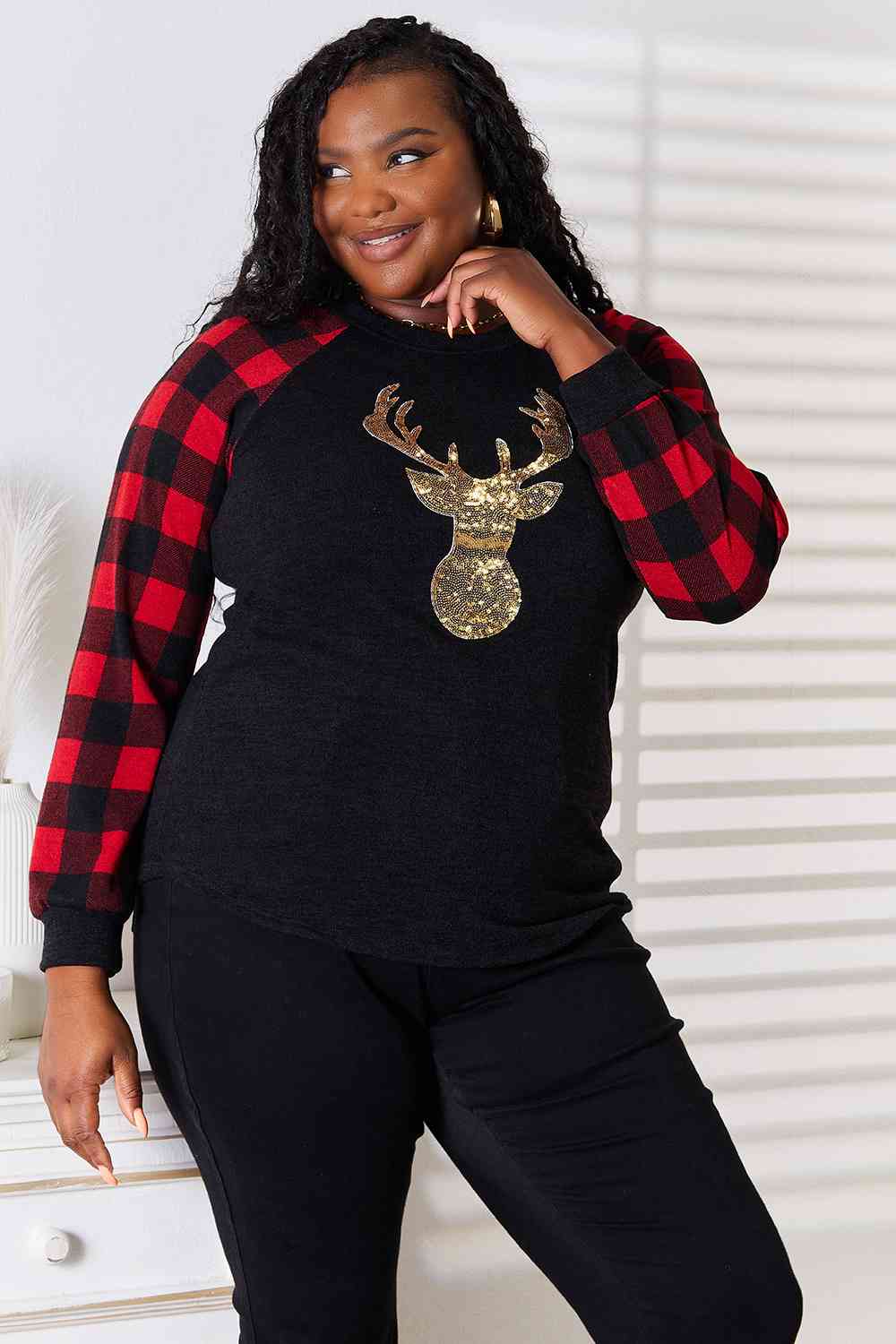 Heimish Full Size Sequin Christmas Reindeer Graphic Plaid Top