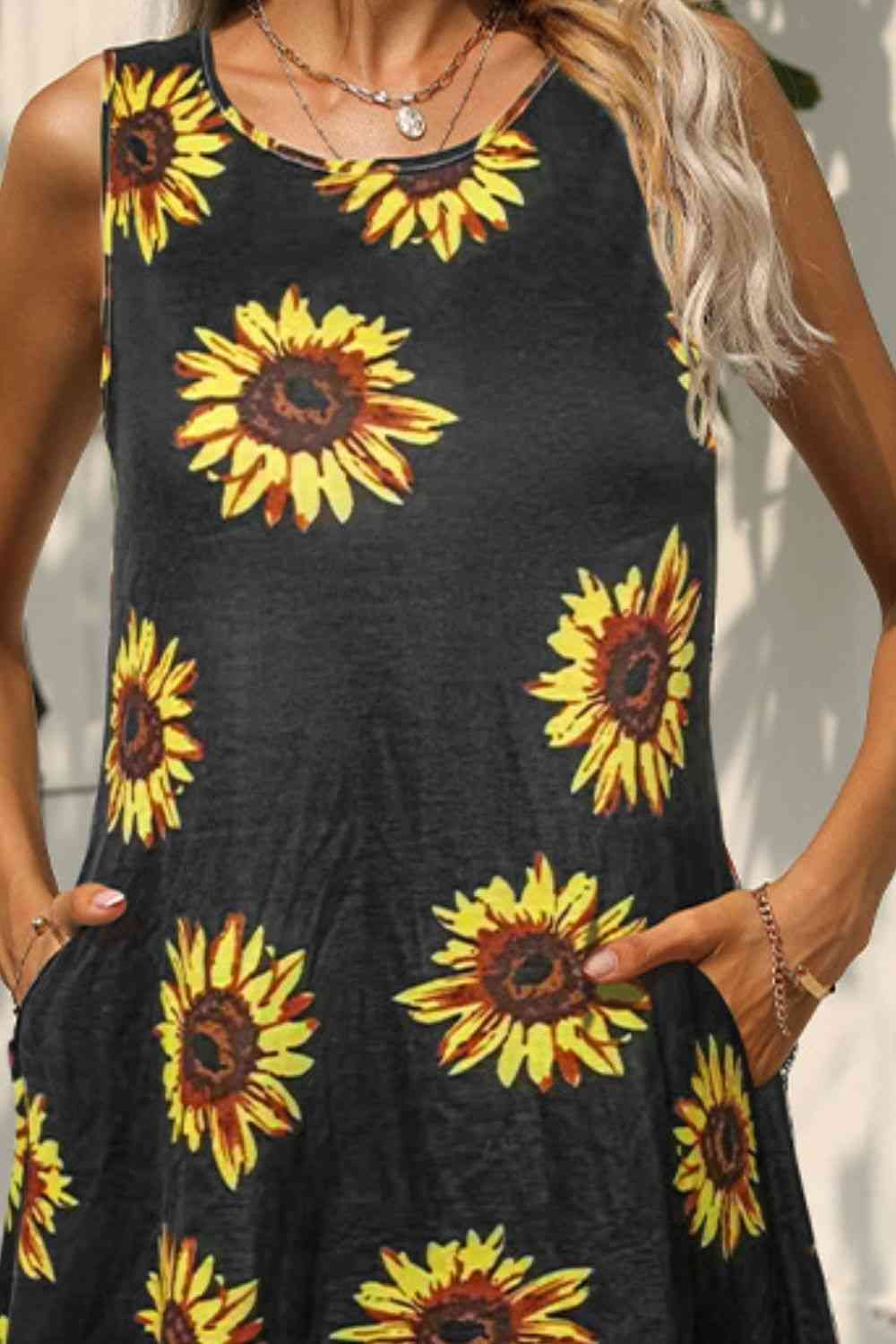 FULL SIZE Printed Round Neck Sleeveless Dress with Pockets