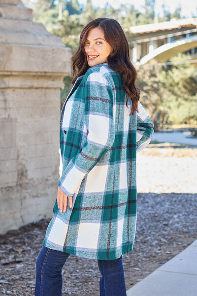 Double Take Full Size Plaid Button Up Lapel Collar Coat *