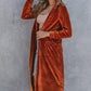 Caramel Brown Collared Neck Longline Velvet Cardigan with Pockets