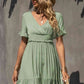 Women's Gum Leaf Green Smocked Waist Flounce Sleeve Ruffle Hem Dress