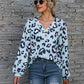 Leopard V-Neck Decorative Button Long Sleeve Blouse