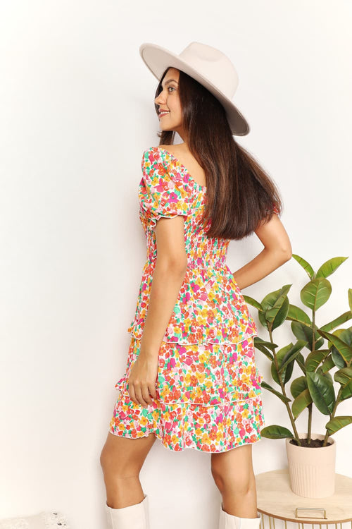 Double Take Strawberry Smocked Sweetheart Neck Flounce Sleeve Strawberry Mini Dress *