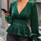 Smocked Surplice Lantern Sleeve Peplum Blouse