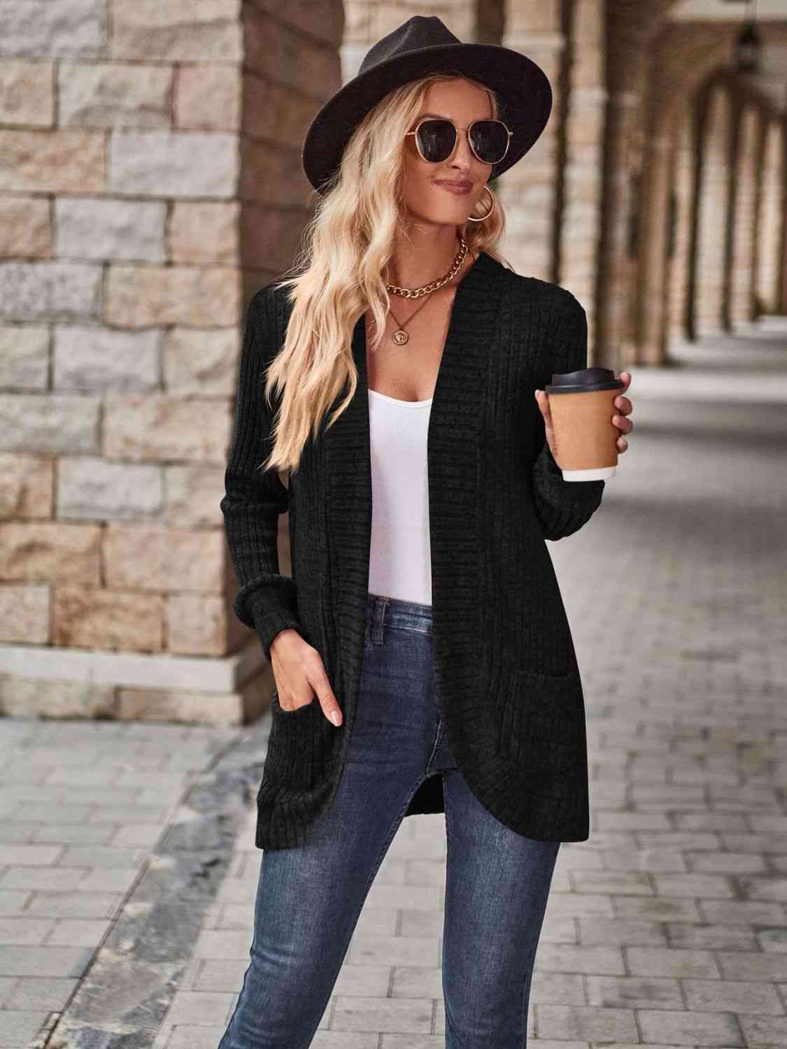 Full Size Open Front Cardigan with Pockets