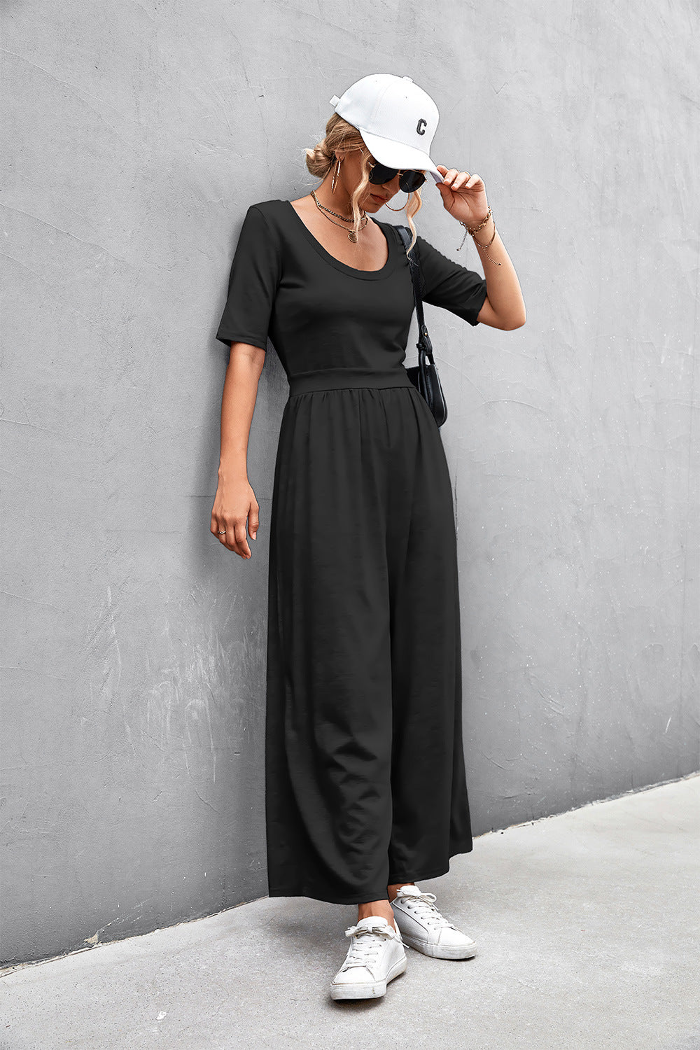 Women's Scoop Neck Half Sleeve Wide Leg Jumpsuit