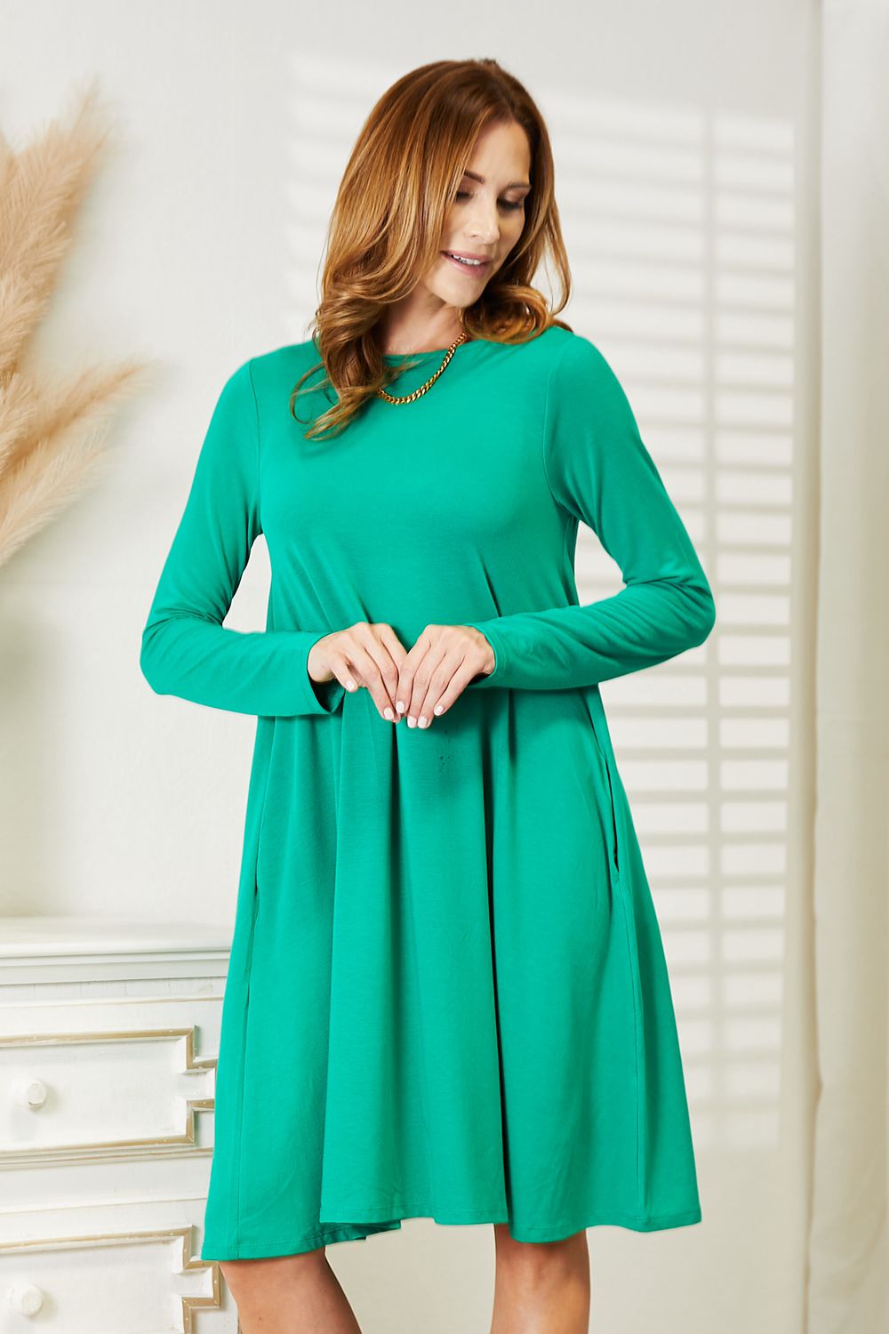 Zenana Full Size Teal Long Sleeve Flare Dress with Pockets