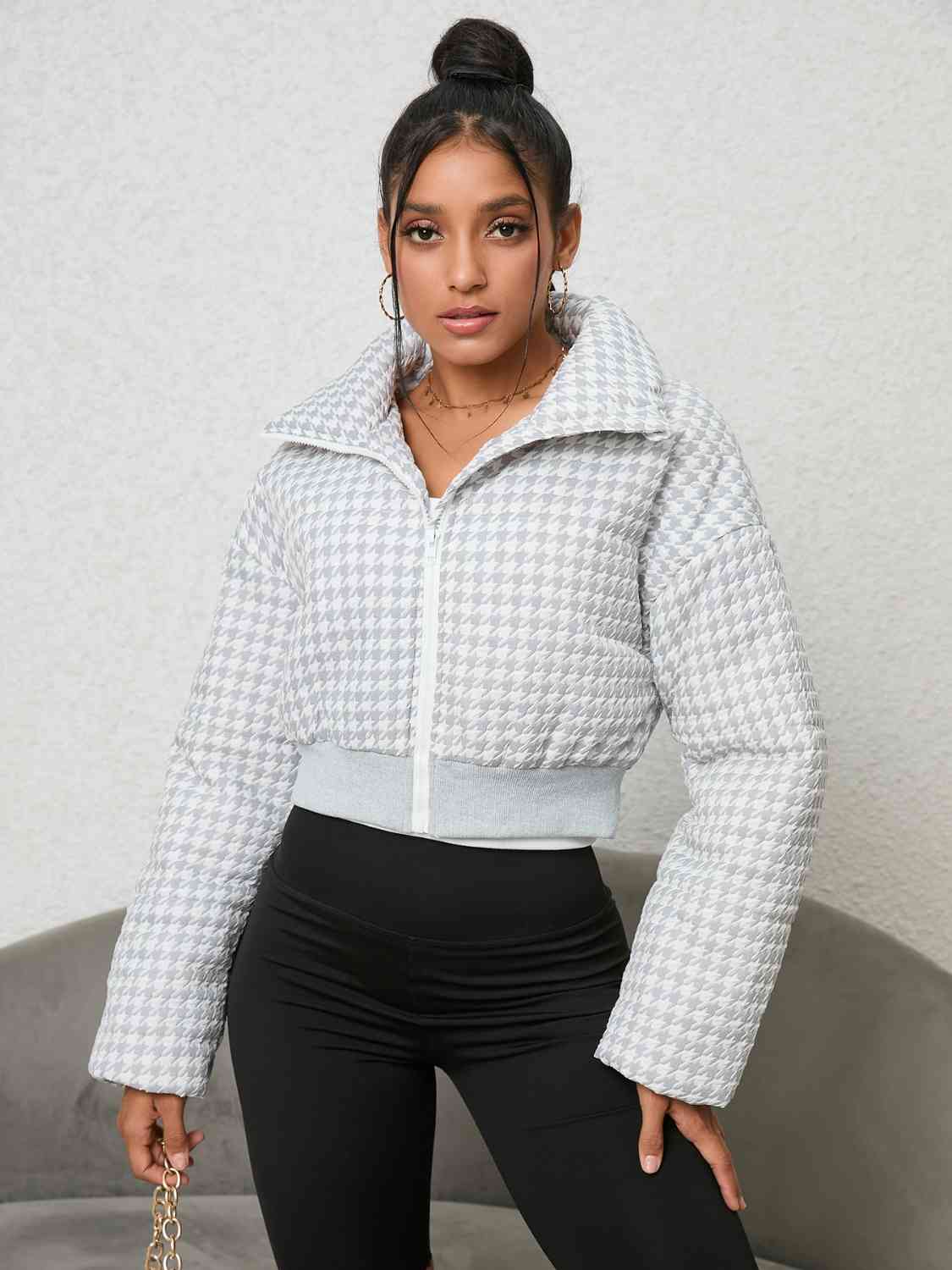 Full Size Houndstooth Zip-Up Jacket