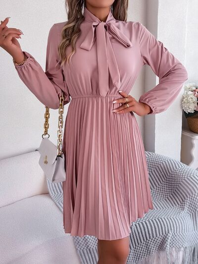 Women's Obsessed Tie Neck Balloon Sleeve Pleated Dress