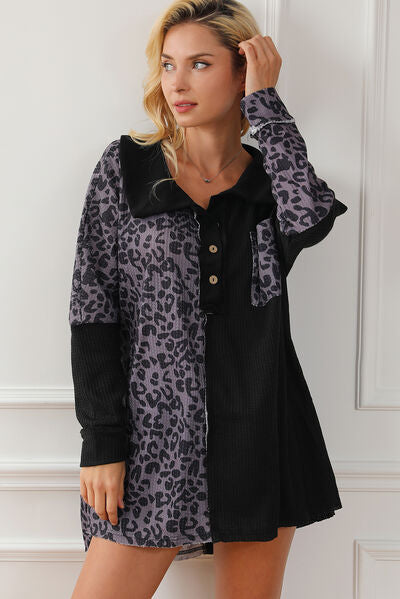 Women's Salena Half Button Leopard Collared Neck Blouse