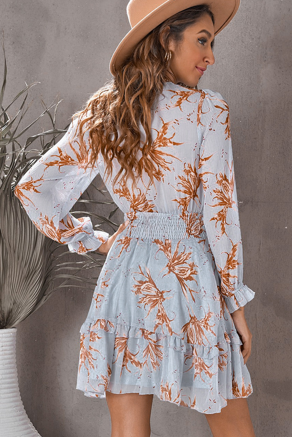 Women's Floral Deep V Flounce Sleeve Mini Dress