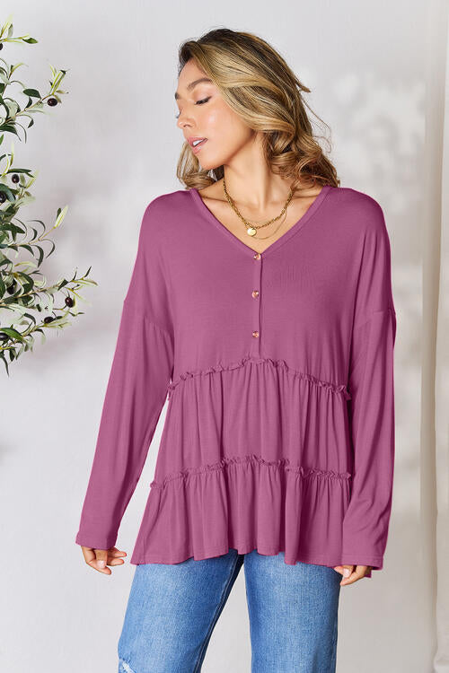 Double Take Half Button Long Sleeve Ruffle Hem Blouse *
