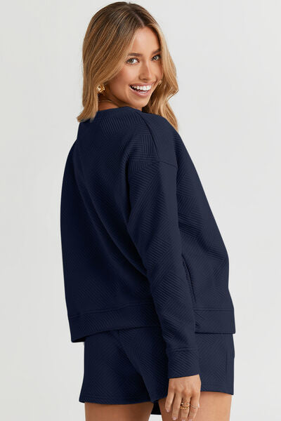 Double Take Full Size Texture Long Sleeve Top and Drawstring Shorts Set *