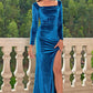 Tie Back Long Sleeve Peacock Blue Slit Dress