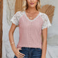 Eyelet V-Neck Lace Short Sleeve T-Shirt