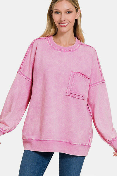 Zenana Exposed Seam Round Neck Dropped Shoulder Sweatshirt - Brand Zenana