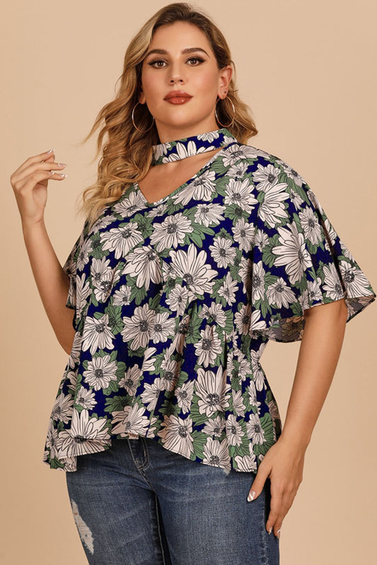 Women's Plus Size Floral Flutter Sleeve Cutout Blouse