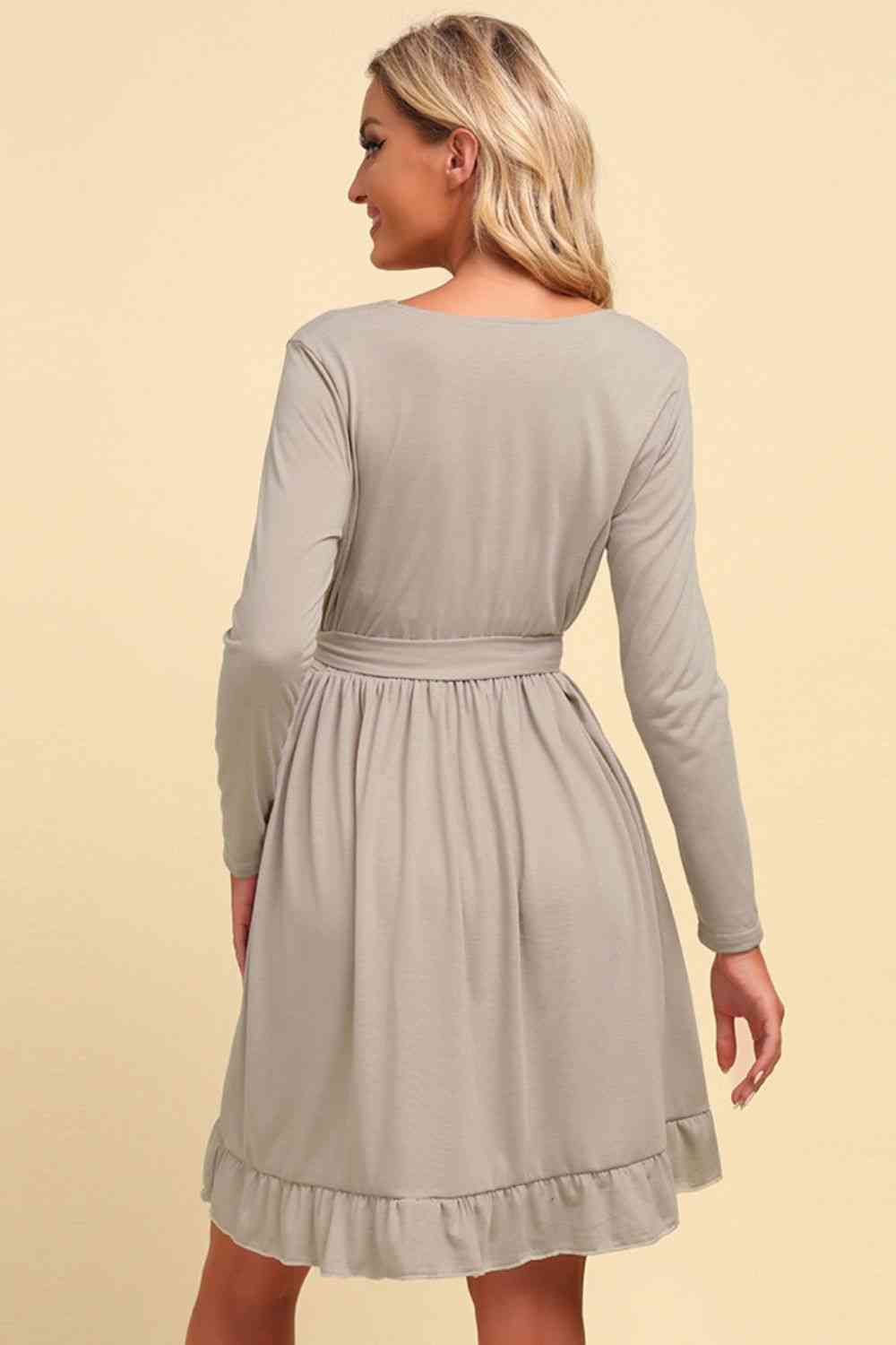 FULL SIZE Long Sleeve Tie Waist Ruffle Hem Dress