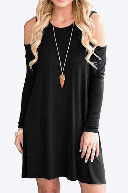Women's Full Size Cold-Shoulder Long Sleeve Round Neck Dress