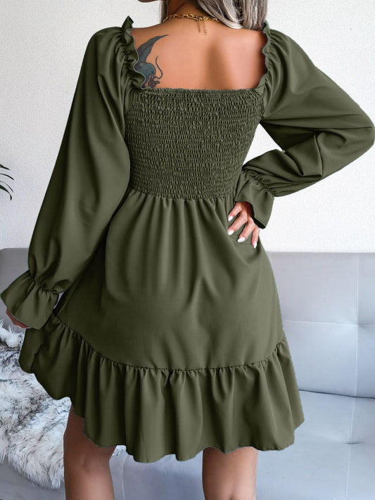 SoChic Smocked Flounce Sleeve Square Neck Mini Dress