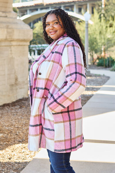 Double Take Full Size Plaid Button Up Lapel Collar Coat *