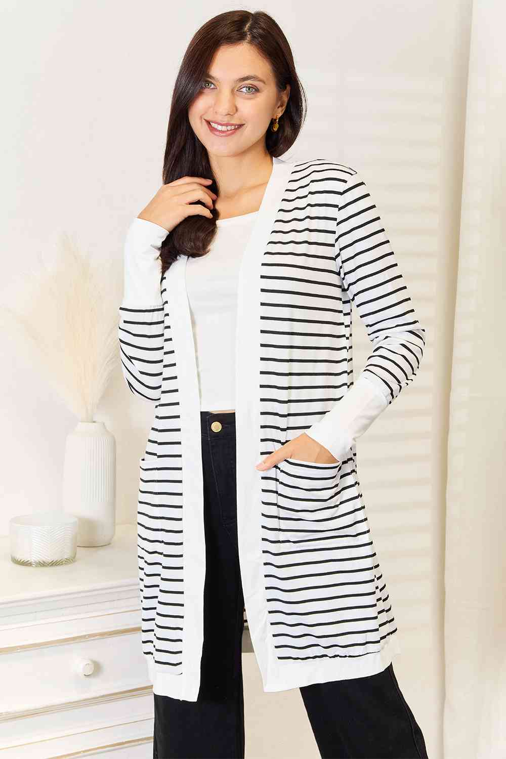 Double Take Striped Open Front Longline Cardigan *