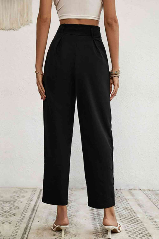 Exquisite Black Buttoned Tie-Waist Cropped Pants