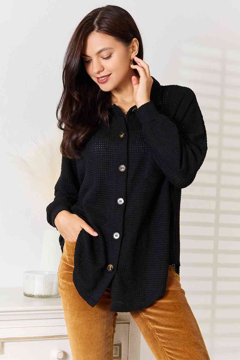 Double Take Waffle-Knit Collared Neck Dropped Shoulder Shirt *