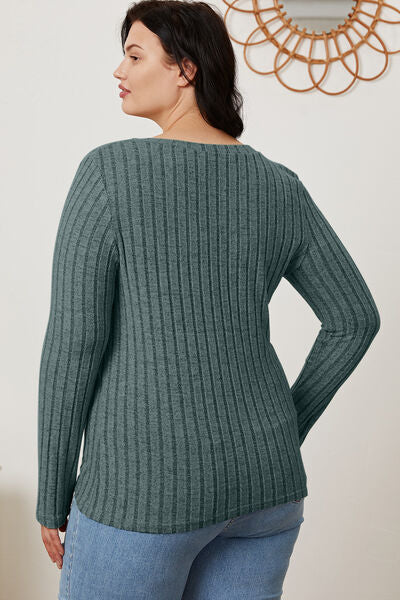 Basic Bae Full Size Ribbed V-Neck Long Sleeve T-Shirt *