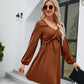 SO YOU Full Size Frill Trim V-Neck Long Sleeve Dress
