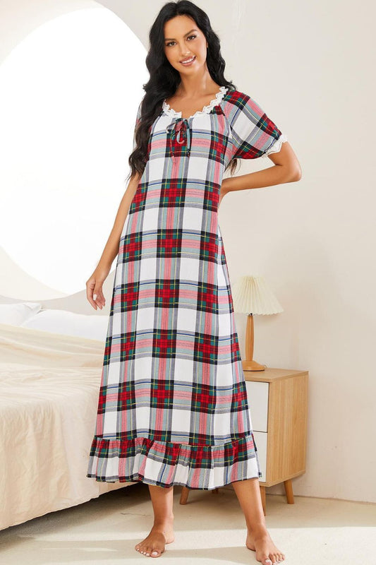 Full Size Plaid Lace Trim Ruffle Hem Night Dress