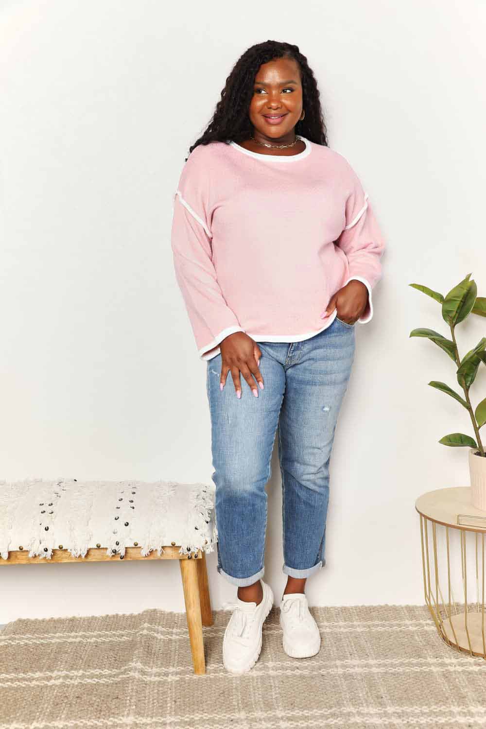 Double Take Blush Pink Contrast Detail Dropped Shoulder Knit Top