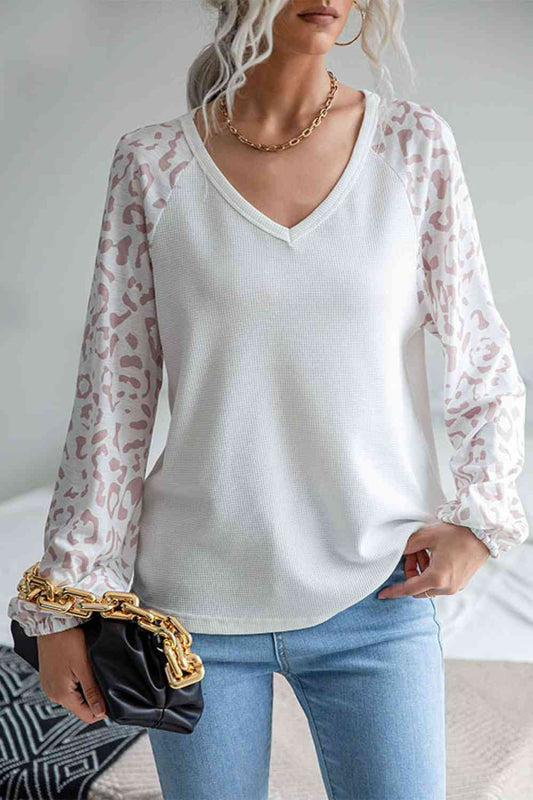 White Leopard Baseball Sleeve Waffle Knit Tee