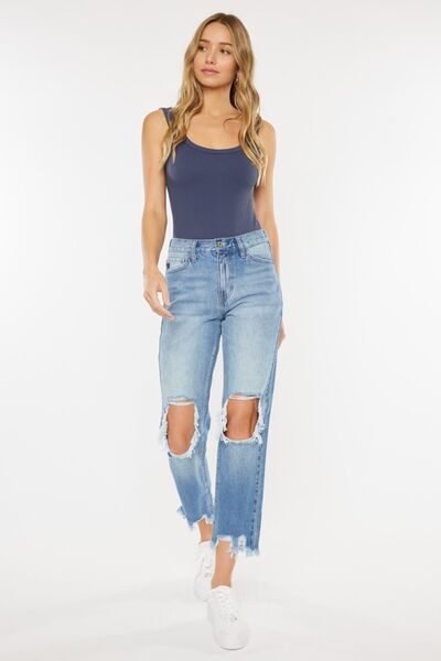 Kancan High Waist Chewed Up Straight Mom Jeans *