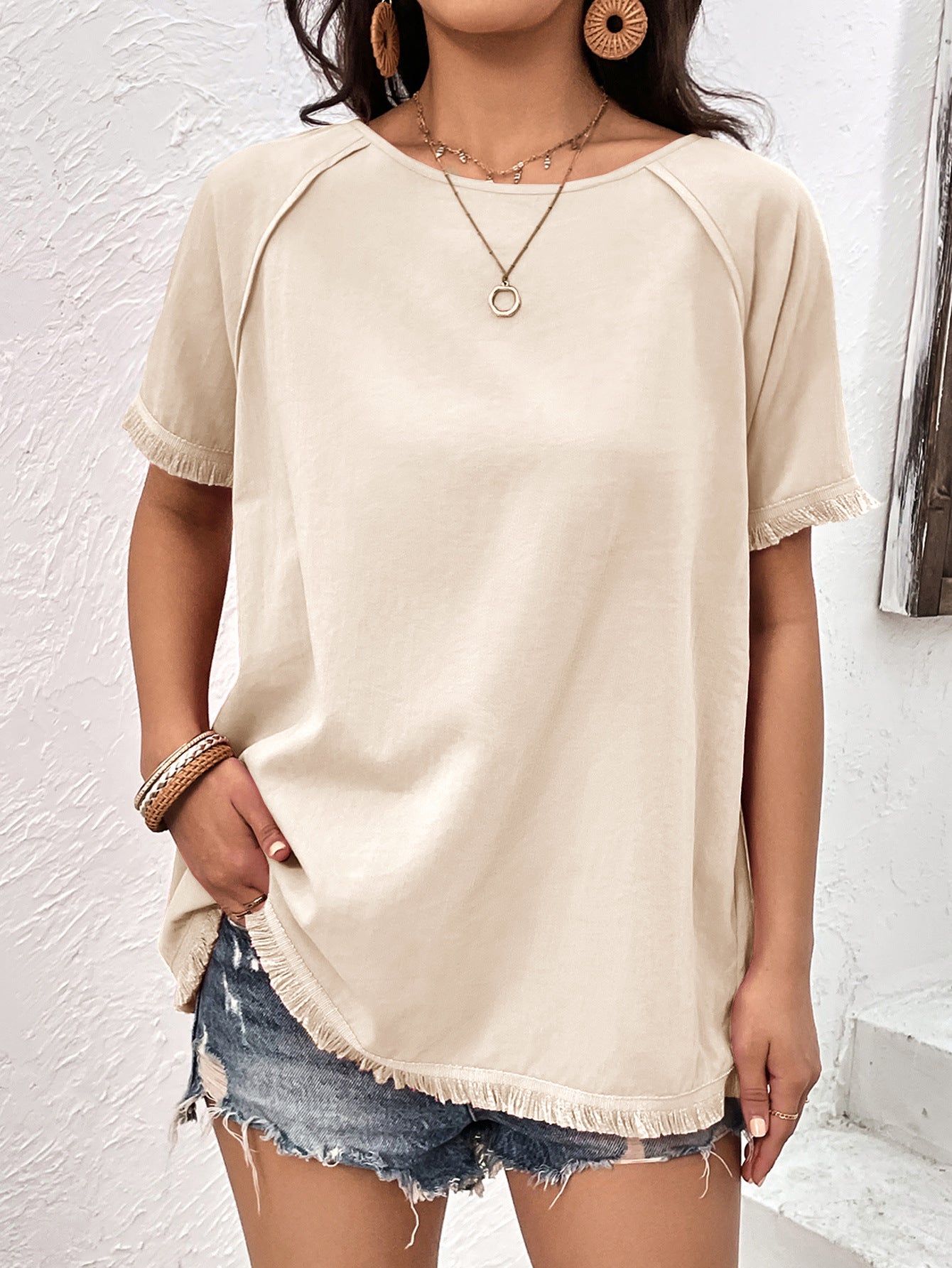 Women's Round Neck Raglan Sleeve Fringe Detail Top